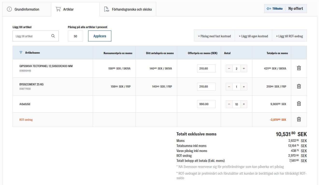 Offertverktyg hos Lokalföreningen Brösarp som visar artiklar, priser och totalbelopp.