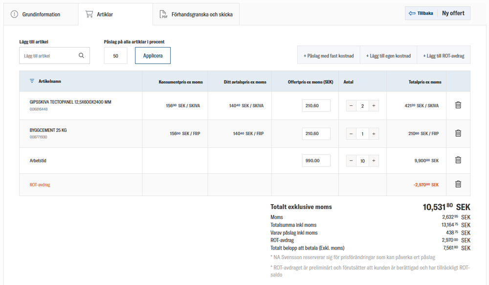 nomenu Offertverktyg hos Lokalföreningen Brösarp som visar artiklar, priser och totalbelopp.