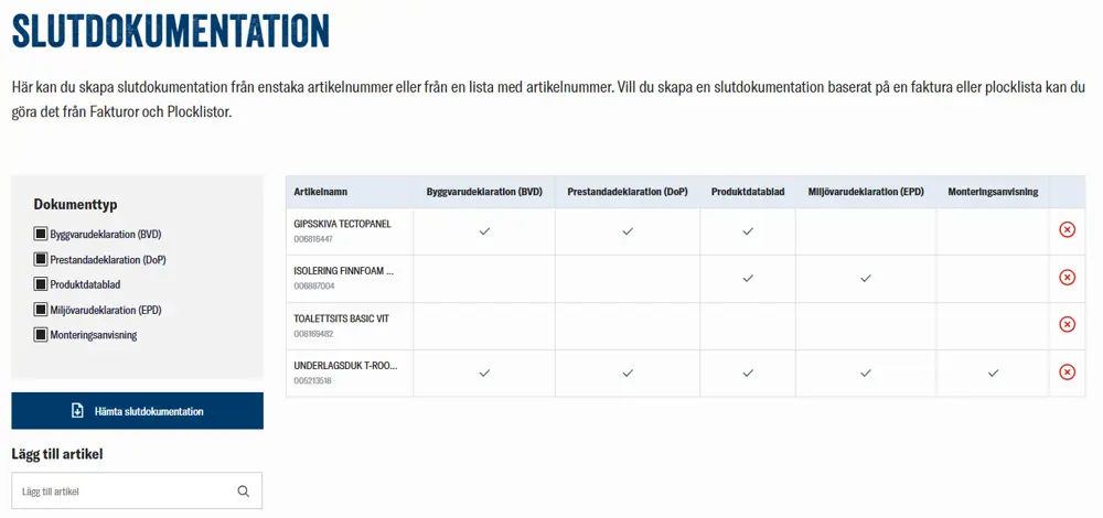 nomenu  Slutdokumentation hos Lokalföreningen Brösarp med produktlista och dokumenttyper.