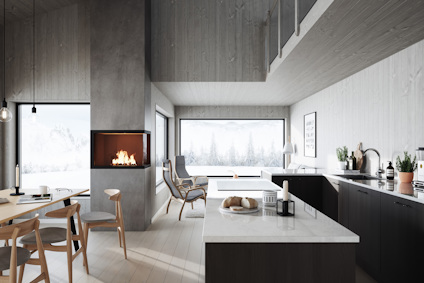 Modernt kök och vardagsrum i öppen planlösning med braskamin, stora fönster och träinredning.