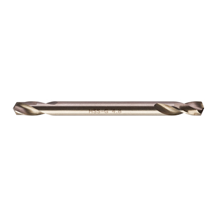 Metallborr i silverfärg, cylindrisk form med två spiralskär, texten "HSS-G 4.8" synlig på sidan.