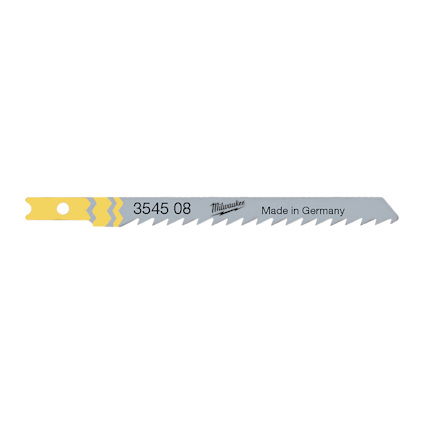 Sticksågblad i silver med gul bas, text "3545 08", "Made in Germany", och varumärkesnamn tryckt på.