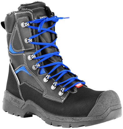 Svart och grå skyddskänga med blåa snören och vadderad krage.