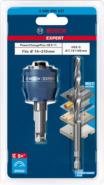 Förpackning med Bosch Expert PowerChangePlus HEX11 borradapter och HSS-G borr, passar Ø 14–210 mm.