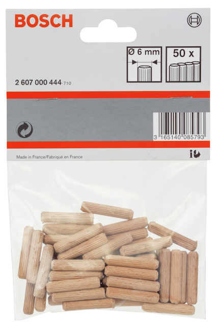 Förpackning med Bosch träplugg, 50 stycken, 6 mm diameter. Streckkod 3165140857938. Tillverkad i Frankrike.