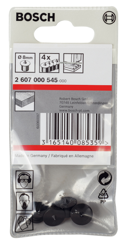 Förpackning med svarta maskinskyddshattar från Bosch, artikelnummer 2 607 000 545, Ø 8mm, 4 stycken.