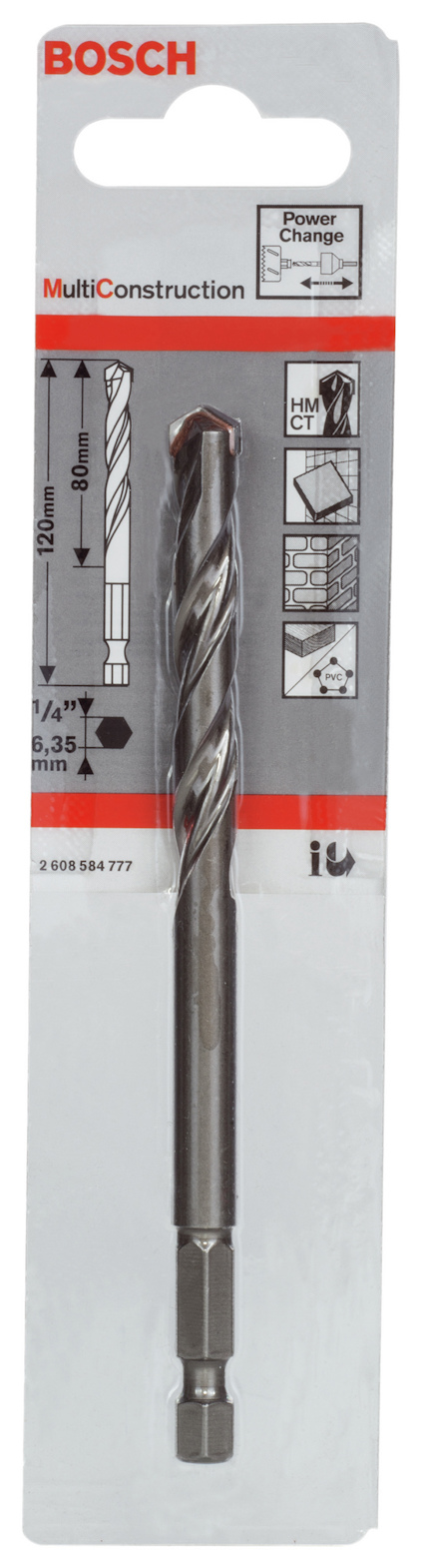 Förpackning med Bosch MultiConstruction-borr, 8x100 mm, med symboler och instruktioner för användning.