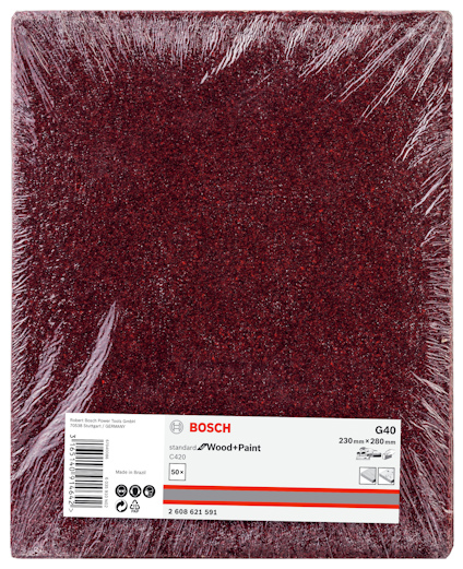 Förpackning med Bosch sandpapper, kornstorlek G40, 230x280 mm, 50 ark.