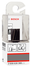 Förpackning innehållande en fräs från Bosch, märkning inkluderar "8 mm, 19,6 y."