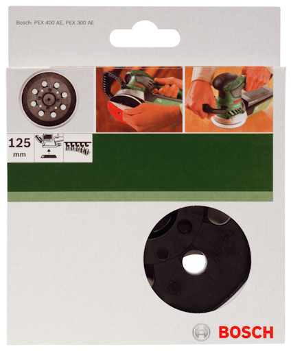 Förpackning för en Bosch slipplatta, 125 mm, med illustrationer av användning.