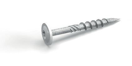 Träskruv med cylindrisk skalle, gängad och försedd med spetsig ände. Skruven är silverfärgad.