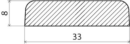 Genomskärning av en avlång rektangulär skiva med rundade hörn, mått 33 x 8.
