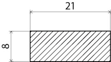 Rektangulär form med diagonala linjer, bredd markerad som 21 och höjd som 8.