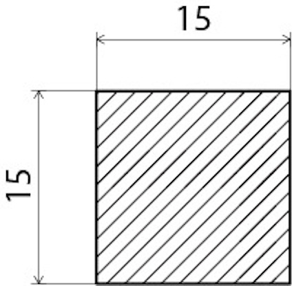 Kvadratisk area med diagonala linjer, sidan 15 markerad i millimeter.