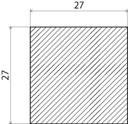 Kvadrat med diagonala linjer och måttangivelse 27 för sidorna.