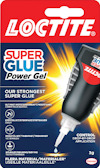 Förpackning med Loctite Super Glue Power Gel, med applikatorflaska och text på flera språk.