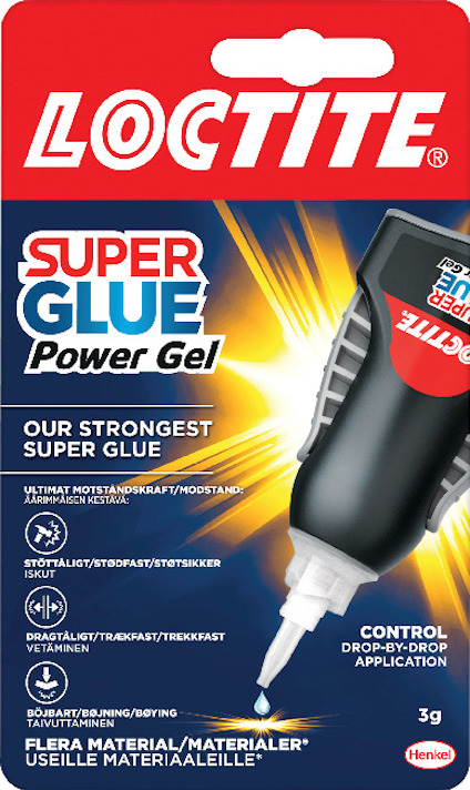 Förpackning med Loctite Super Glue Power Gel, med applikatorflaska och text på flera språk.