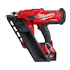 Röd och svart spikpistol med handtag och magasin, märkt "Milwaukee FUEL".