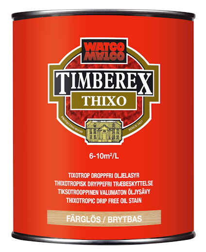 Röd burk med texten Timberex Thixo "Färglös/Brytbas" och "Watco".