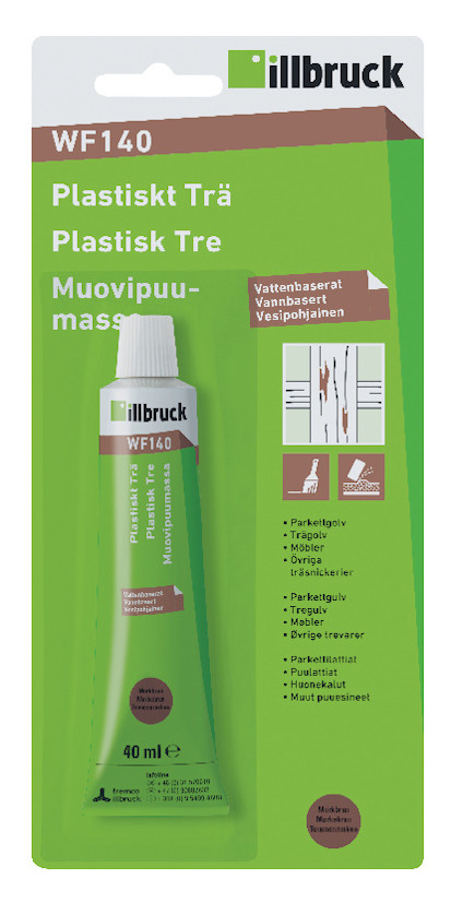 Förpackning av illbruck WF140 plastiskt trä i tub, 40 ml, med text på flera språk inklusive svenska och finska.