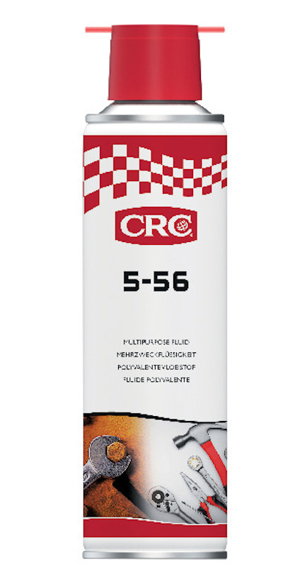 Sprayburk med röd kork och etikett märkt "CRC 5-56", med illustrationsbilder av verktyg längst ned.
