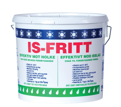 Vit hink med röd och blå text "IS-FRITT" och snöflingor. Text om effektivitet mot halka och isslag samt användarinstruktioner.