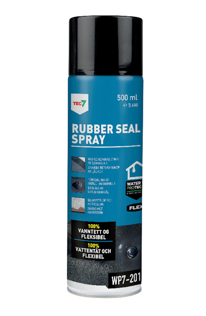 Sprayburk med svart lock, etikett med texten "TEC7", "RUBBER SEAL SPRAY", "500 ml", och vatten- och flexsymboler.