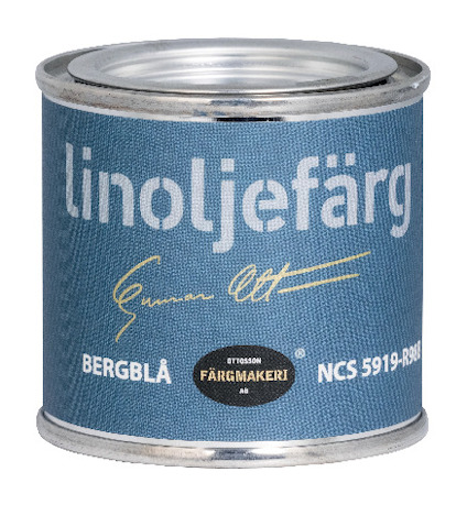 Blå burk med texten "linoljefärg BERGBLÅ" och Gunnar Ottossons signatur på etiketten.