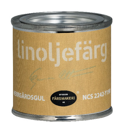 Linoljefärg med beige etikett och text "linoljefärg", "HERRGÅRDSGUL", "NCS 2242-Y19R".