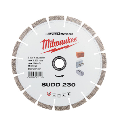 Diamantskiva med texten "Milwaukee Speedcross SUDD 230" och ikoner för material den kan användas på.