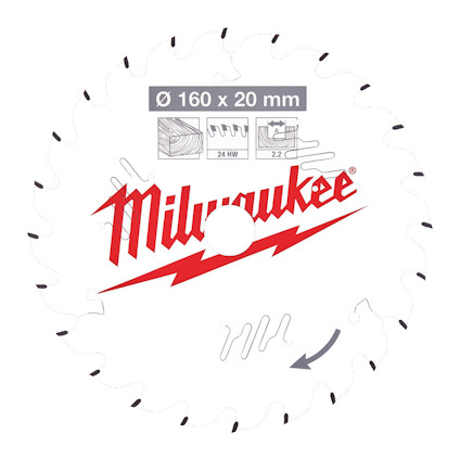 Cirkelsågklinga med tandad kant, texten "Milwaukee" och pilar visar roteringsriktning. Detaljer om storlek ovanför.