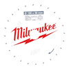 Cirkelsågklinga med röda "Milwaukee"-logotypen och hänvisningar till dimensioner och antal tänder på vit bakgrund.