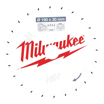 Cirkelsågklinga med röda "Milwaukee"-logotypen och hänvisningar till dimensioner och antal tänder på vit bakgrund.