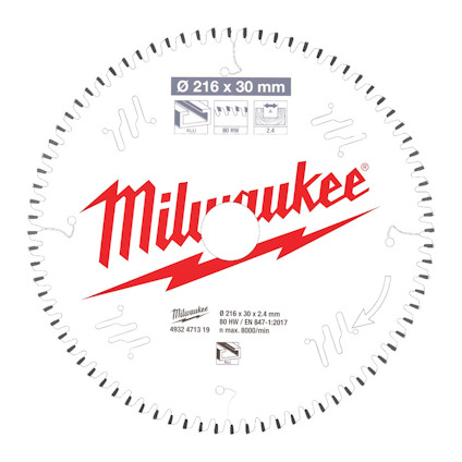Cirkelsågklinga med rött "Milwaukee"-märke och texten "Ø 216 x 30 mm", omgiven av symboler och teknisk information.