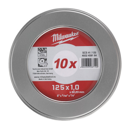 Rund metallbehållare med etikett i mitten märkt "Milwaukee" och "10x" samt information om kapskivans dimensioner.