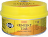 Gul förpackning med texten "KEMISKT TRÄ" på etiketten. Innehåller detaljer på flera språk.