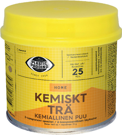 Gul burk med etiketten "KEMISKT TRÄ" och text på svenska och finska.
