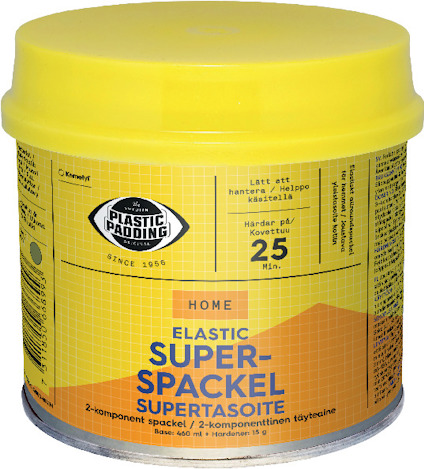 Gul burk med etikett för "Plastic Padding Elastic Superspackel", innehållande text på flera språk.