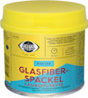 Gul burk med röd och blå text: "GLASFIBERSPACKEL MARINE 2-komponent". Innehåller också annan text och logotyp.
