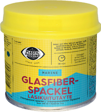 Gul burk med röd och blå text: "GLASFIBERSPACKEL MARINE 2-komponent". Innehåller också annan text och logotyp.
