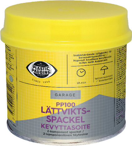 Plastburk med gul etikett och texten "LÄTTVIKTSSPACKEL", märkt med "Plastic Padding since 1956".