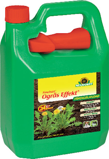 Grön behållare med röd kork och etikett med texten "Finalsan Ogräs Effekt". Avbildning av ogräsplantor på etiketten.