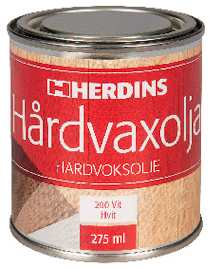 Burk med texten "Herdins Hårdvaxolja" och "275 ml", färgen är angiven som "200 Vit Hvit".