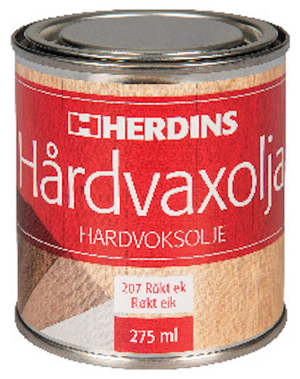 Burk med röd etikett märkt "HERDINS Hårdvaxolja", "207 Rökt ek", "275 ml".