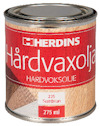 Burk med Herdins hårdvaxolja i svartbrun nyans, 275 ml, röd etikett med trädetalj.