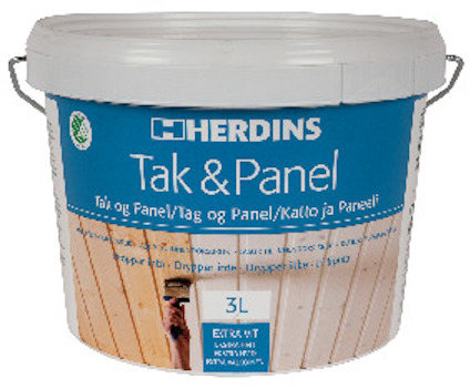 Vit målarburk med blå etikett från märket Herdins, text på flera språk: "Tak & Panel" samt "Extra vit 3L".