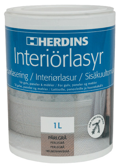 Burk med Herdins Interiörlasyr, 1 liter, färg Pärlgrå, för golv, paneler och möbler.