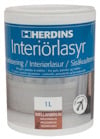 Burk med Herdins Interiörlasyr, etikett i blått och vitt, 1 liter, färg mellanmörk brun.