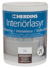 Burk med Herdins Interiörlasyr i färgen mörkbrun, 1 liter, med text på flera språk och symbol för luktfri produkt.
