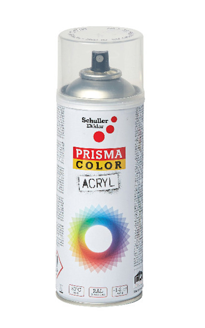 Sprayburk med etiketten "Prisma Color Acryl", vit med färghjul och munstycke ovanpå.
